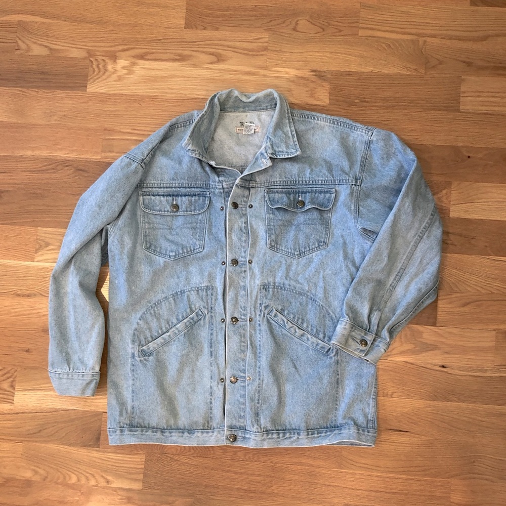 Bugle Boy Jacket L Large Blue Cotton Denim Mens Trench Coat Style VTG LIGHT WASH